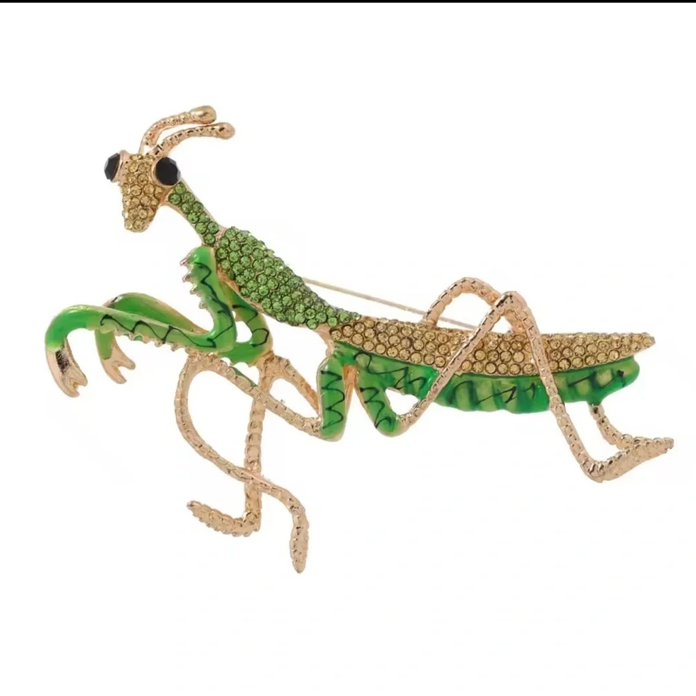 Art Nouveau Mantis Brooch – Emerald Green Enamel, Crystal Embellished Gold Pin